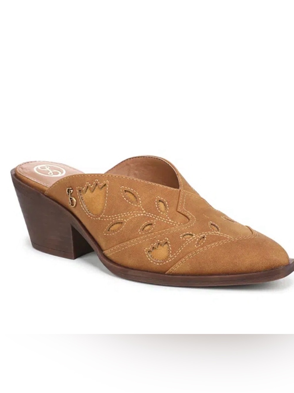 Sam & Libby Tan Suede Floren Floral Embroidered Mules
